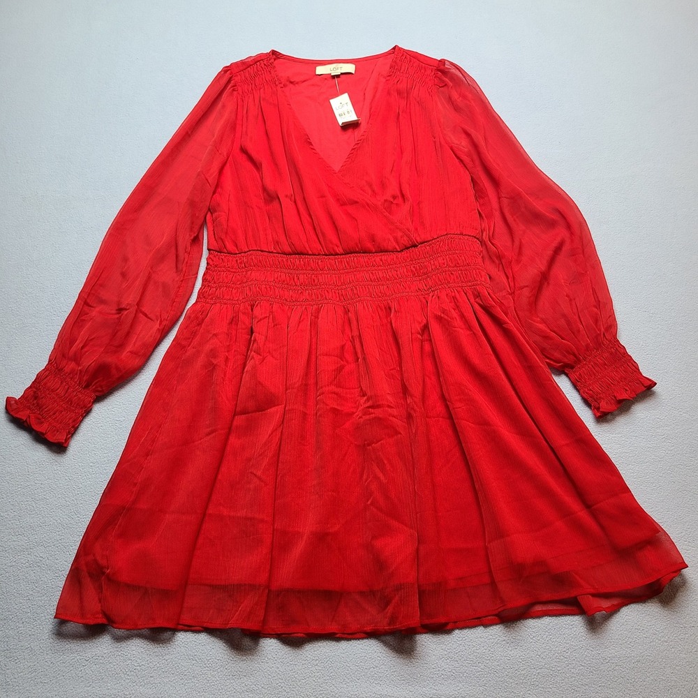 LOFT Mini Dress Womens L Red NEW Smocked Waist V-Neck Long Sleeve Chiffon